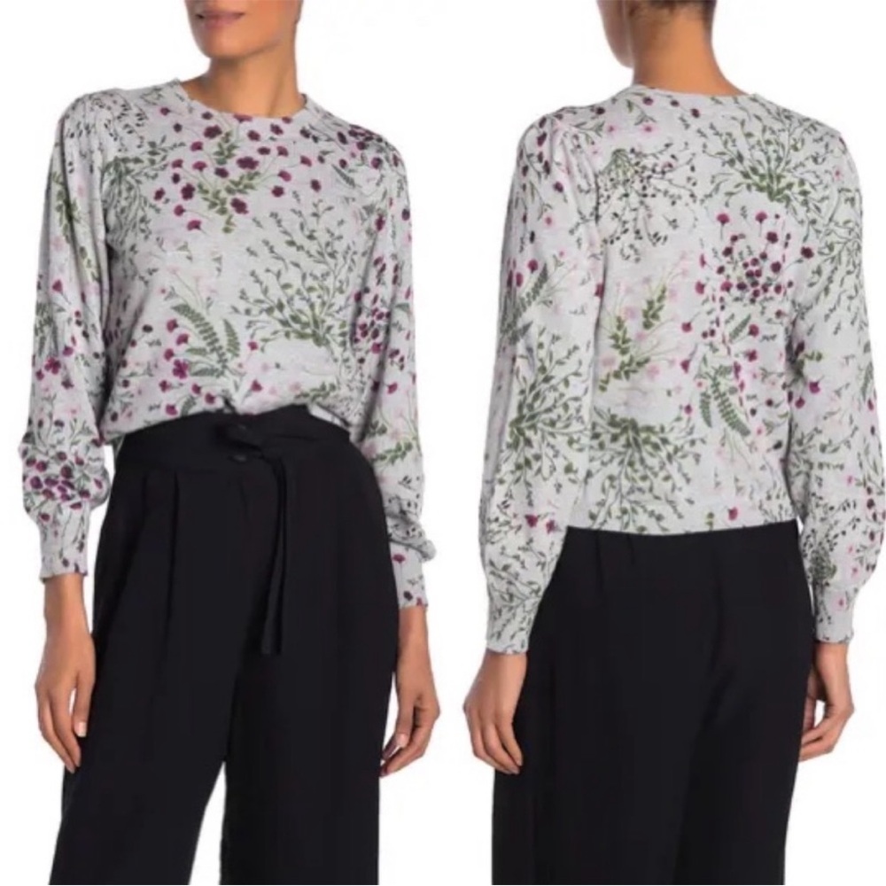 Joie Verna Gray & Pink Floral Cropped Crew Neck Sweater Size Small